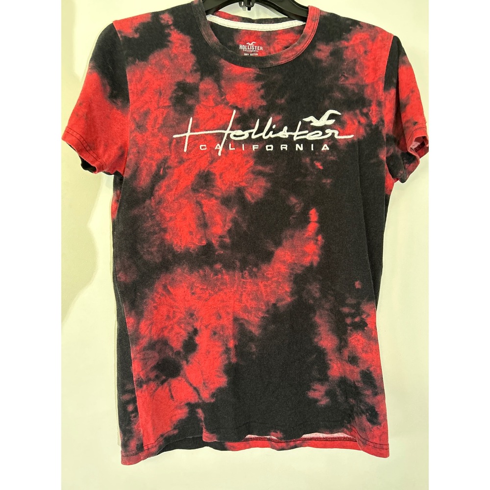 Hollister California T-Shirt Mens XS Red Black Tie Dye Embroidered Logo Graphic‎